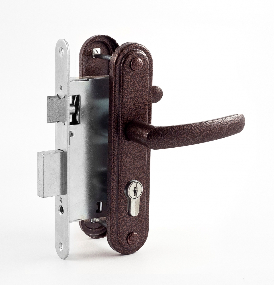 Фото Замок врезной цилиндровый с защёлкой в комплекте с ручкой ЗВ7.02 (медь), 4 кл.