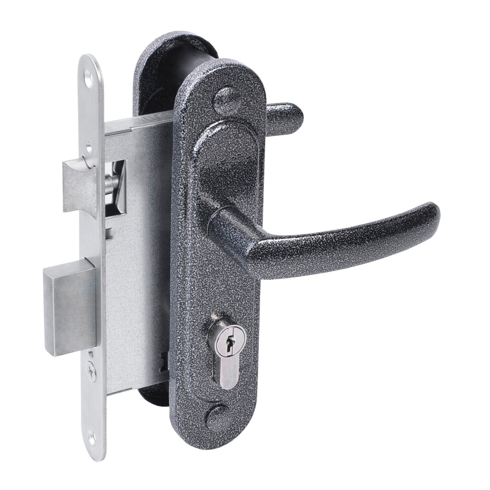 Фото Замок врезной цилиндровый с защёлкой в комплекте с ручкой ЗВ4.2-08 (серебро антик), 4 кл.